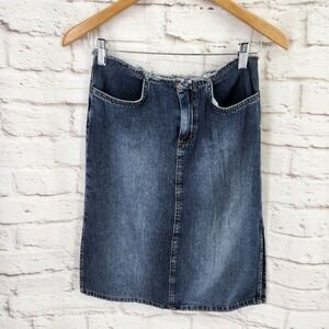 Y2K Bubblegum Denim Skirt Womens Distressed Waist Brat Preppy Twee Slit Size 3/4